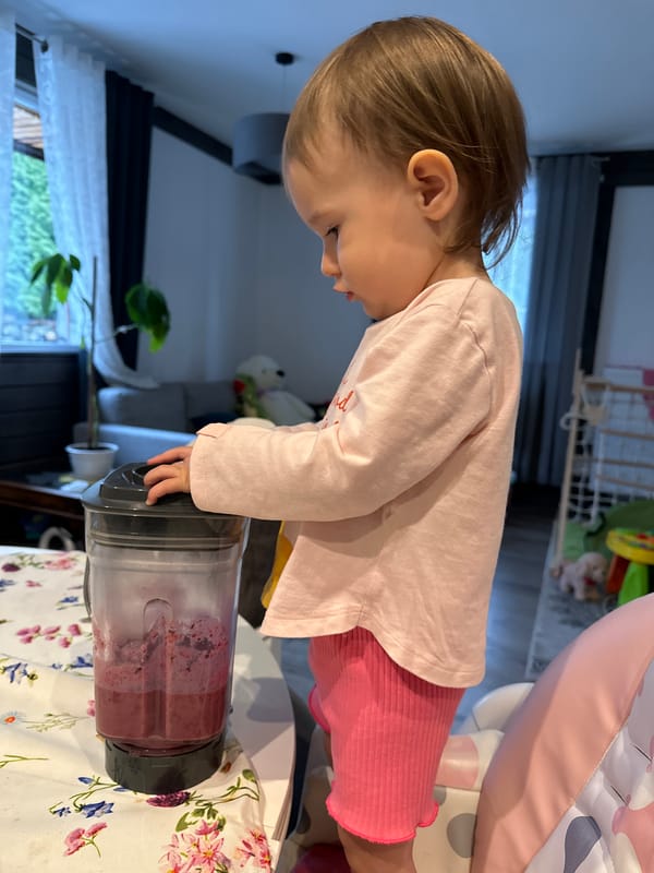 Family smoothie preparation captured in Wisła, Poland home