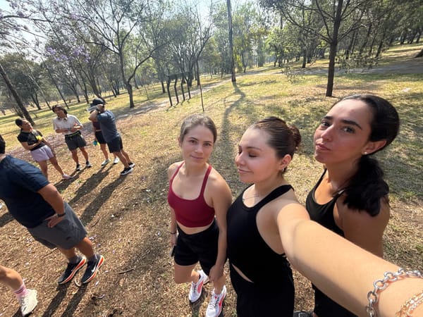 Athletic group gathers in blooming jacaranda park, Mexico City