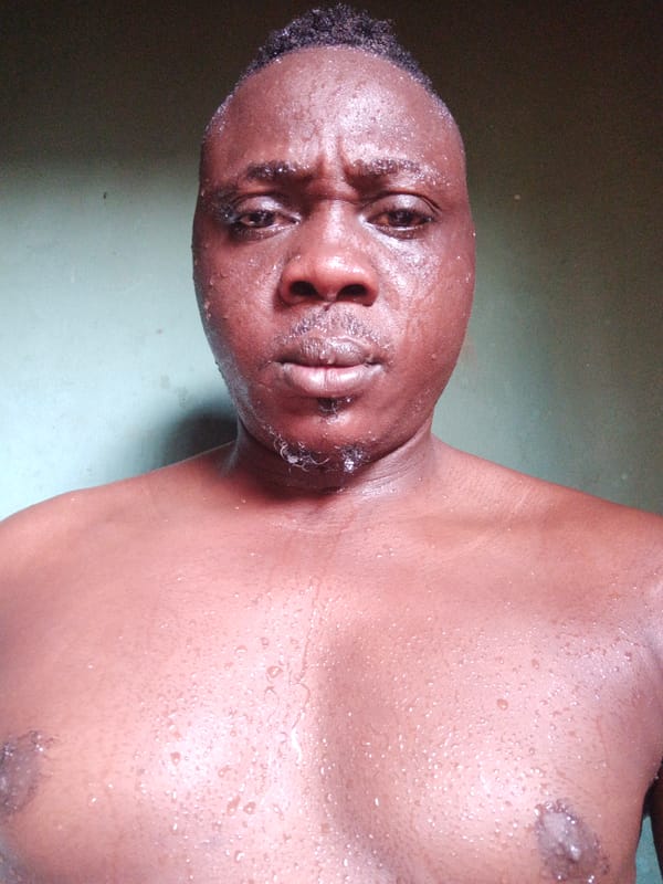 Sweaty shirtless man observed in Akwanga, Nigeria morning