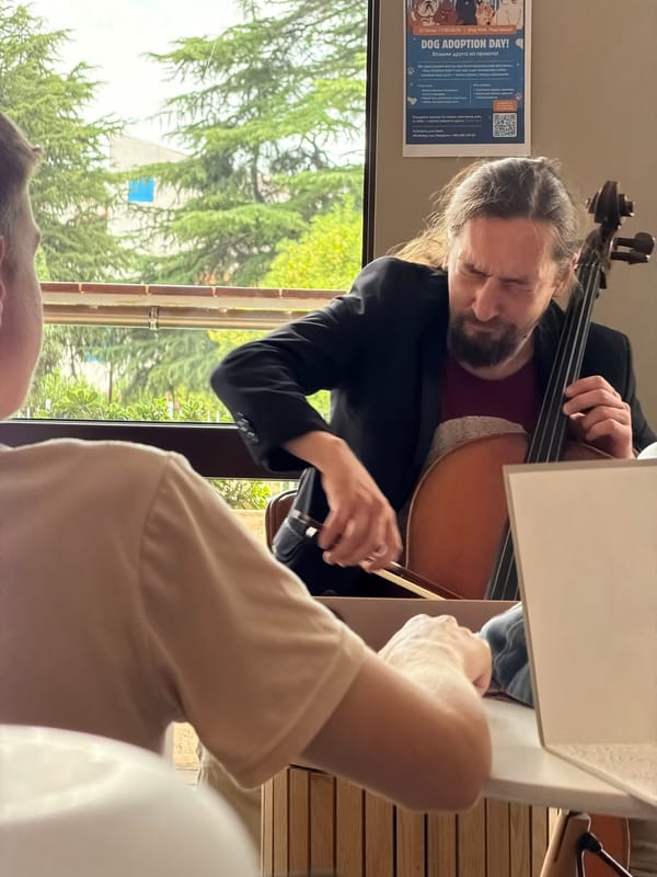 Cellist performs indoors in Budva, Montenegro