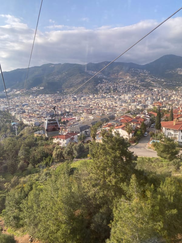 Tourist captures aerial views during cable car ride in Alanya