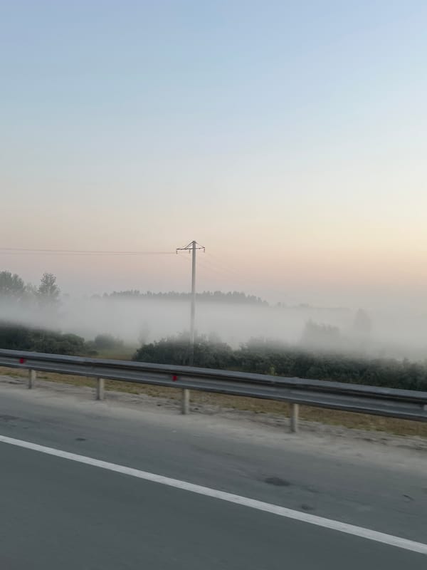 Foggy rural road with guardrail and signage, Mochishche