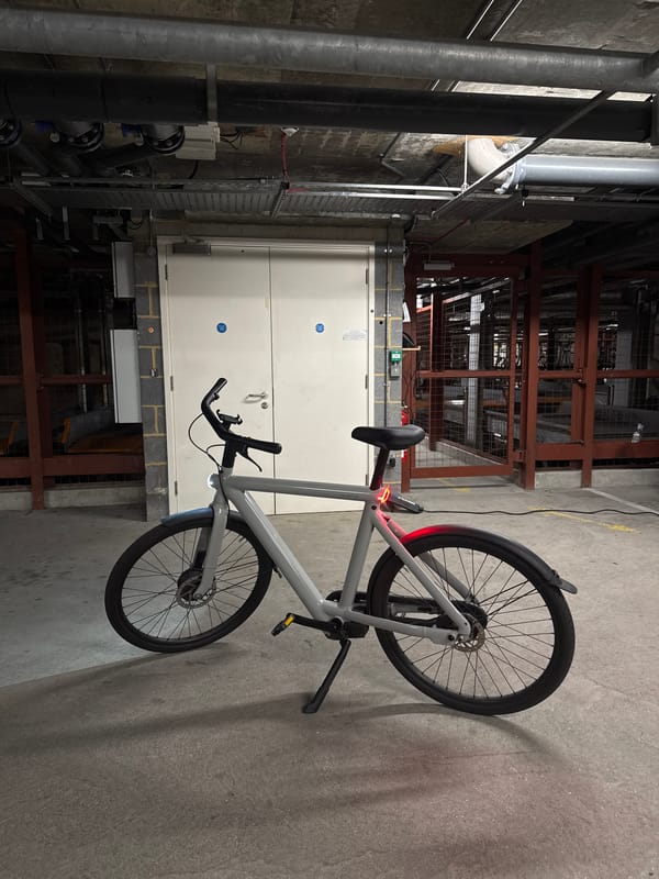 VanMoof electric bike charging in London industrial setting