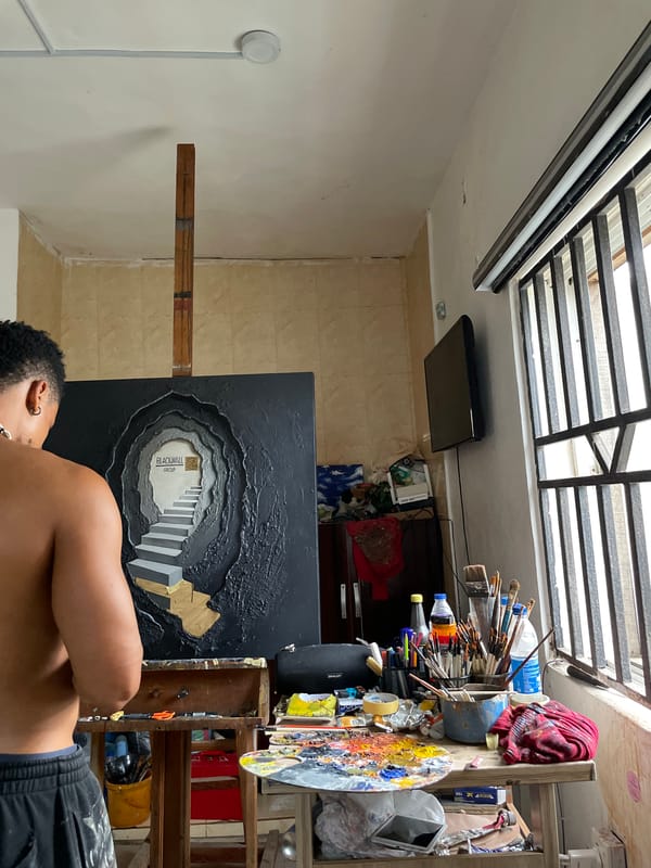 Inside an Ado artist's studio, a major canvas takes shape