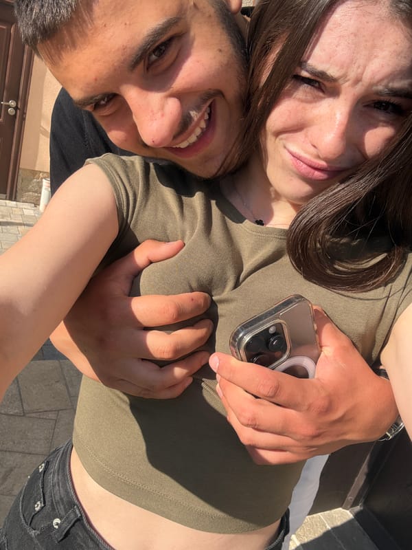 Young couple takes selfies in Trud, Bulgaria