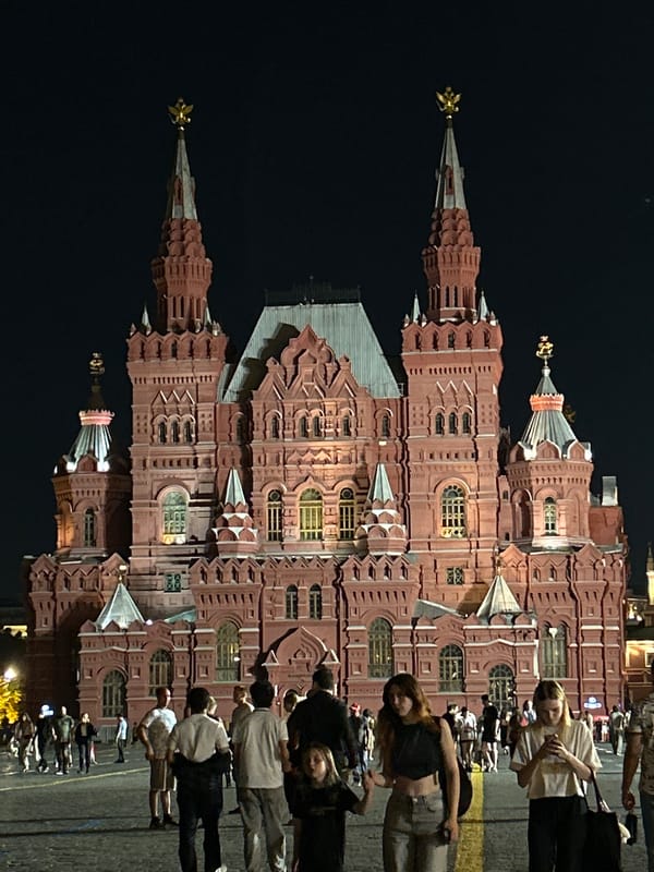 Lenin's Mausoleum glowing at night in Red Square