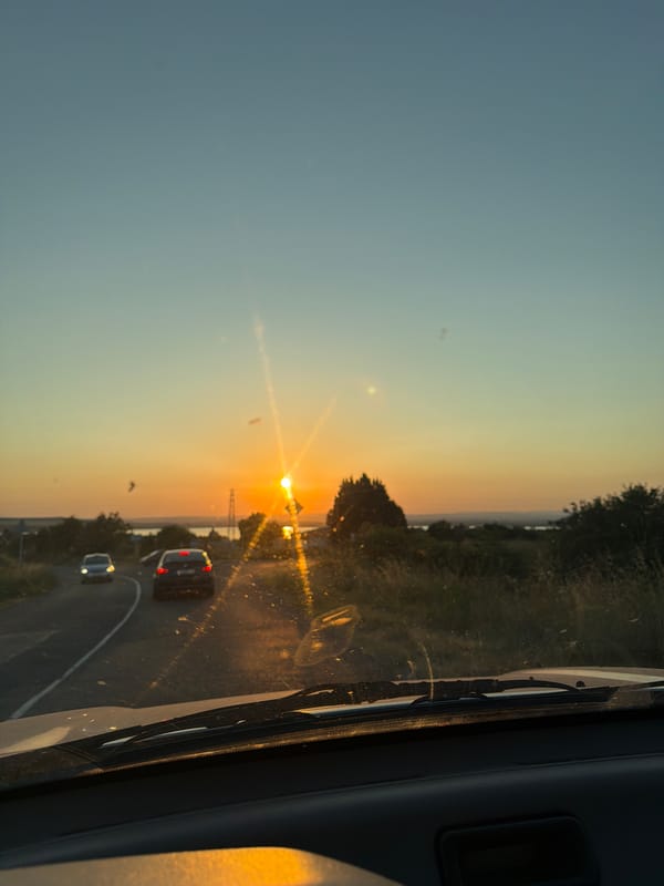 Golden sunset through a windshield, sun low on the horizon