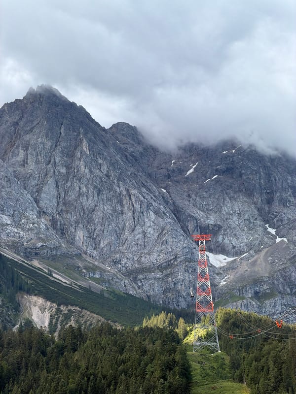 Zugspitze cable car tower against Bavaria's rugged alpine terrain