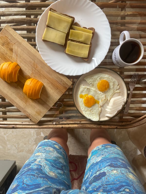 Early morning meal documented on bamboo table in Pokhara