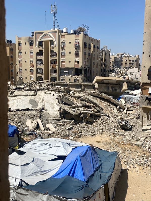 Makeshift shelter documented amid destruction in Khan Yunis