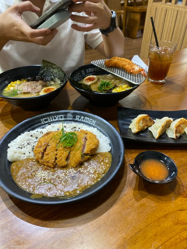 Two bowls of ramen photographed at a Bandung restaurant