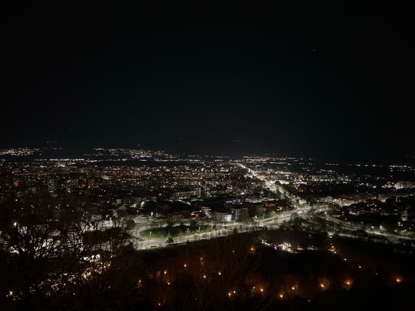 Aerial night view captured of illuminated Plovdiv, Bulgaria