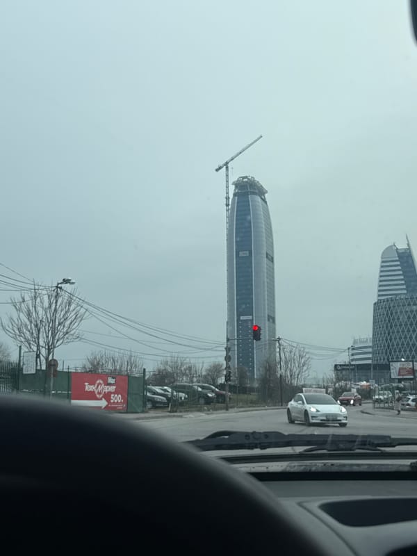 Capital Fort skyscraper construction viewed from vehicle in Sofia