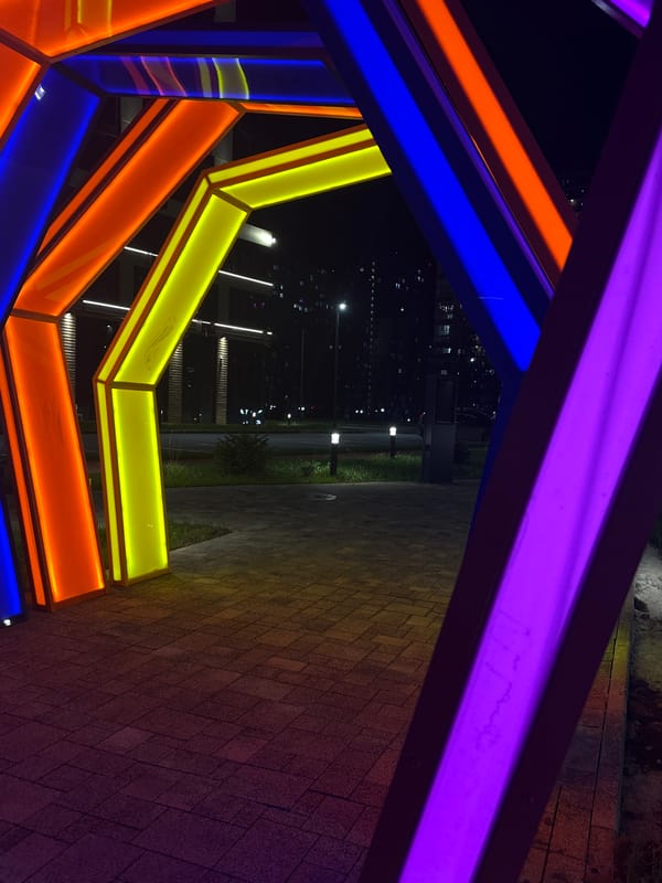 Evening documentation of illuminated installations across Rostov-on-Don