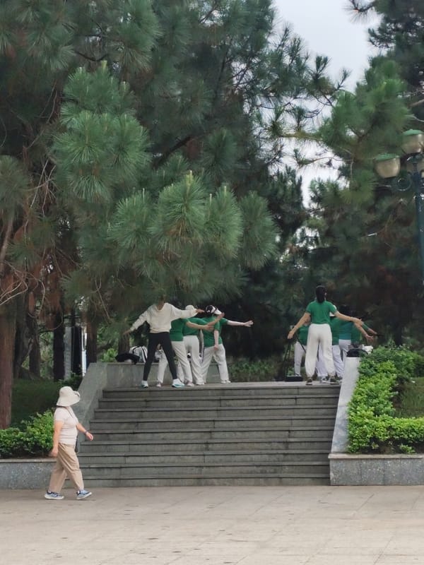 Group performs synchronized exercises on stairs in Da Lat