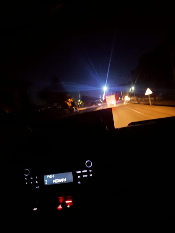 Night driving scene captured on Morocco road