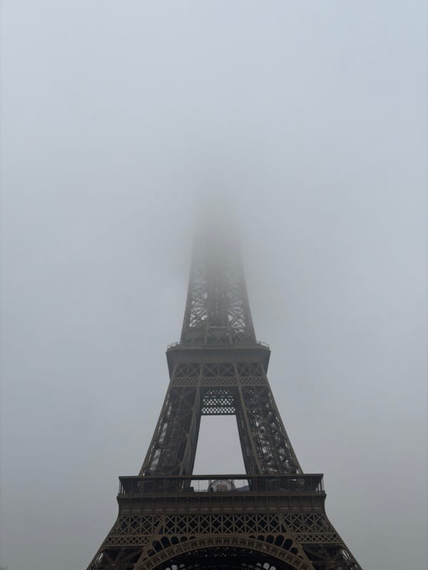 Folk dancers perform near Eiffel Tower during foggy Paris morning