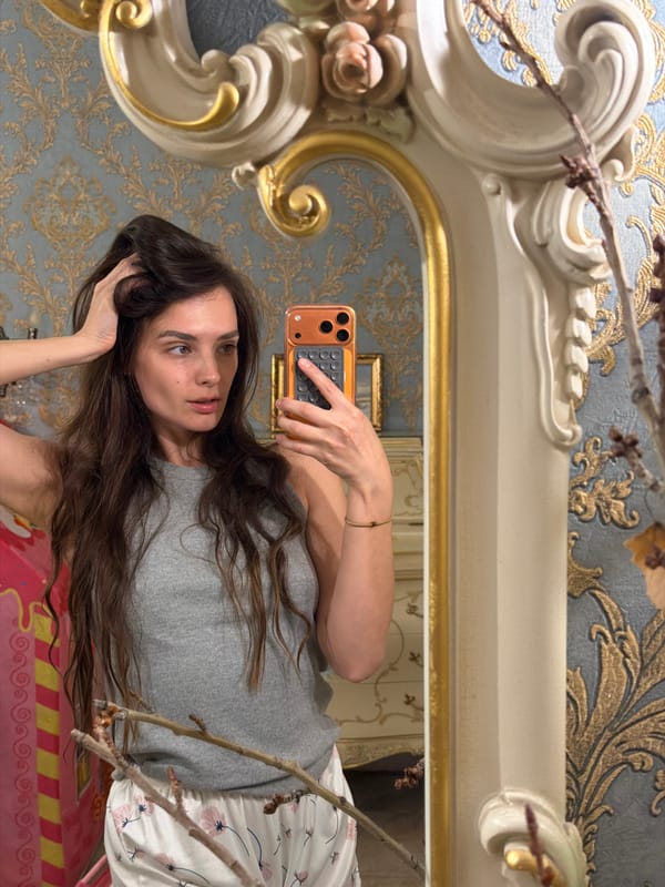 Mirror selfie in an ornate Ufa bedroom, three angles