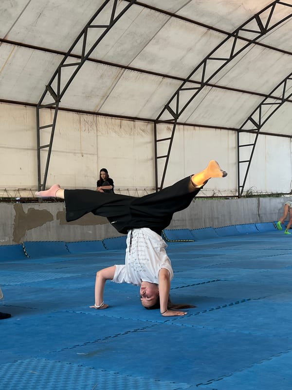 Martial arts and acrobatics training under a canopy in Krasnoturansk