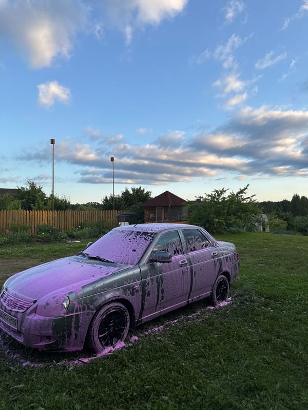 Backyard foam car wash in a rural Russian garden