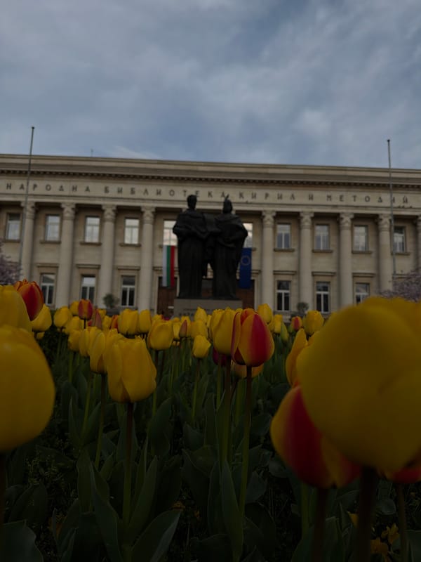 Spring flowers bloom near Sofia cultural landmark