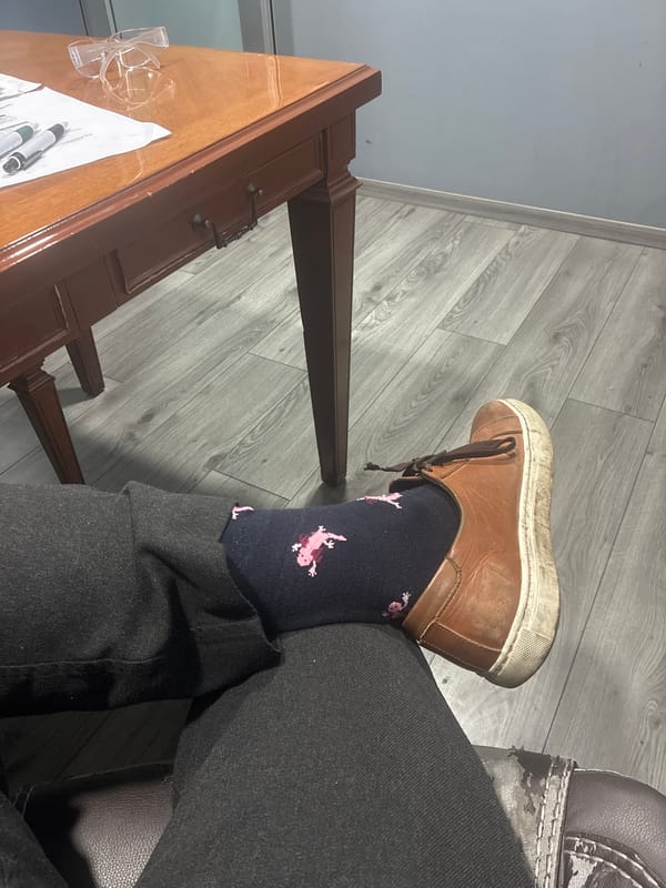 Person with flamingo socks sits by desk in Mexico