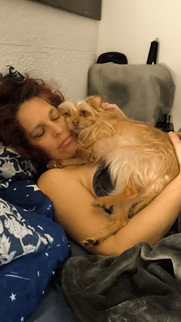 Woman and dog share quiet morning moments in bedroom