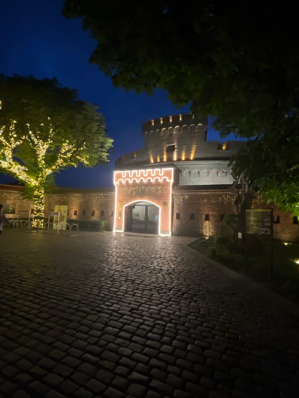 Kaliningrad's King's Gate lit up on a summer evening