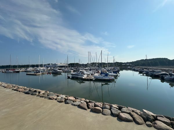 Calm marina, boats at dock, clear sky overhead