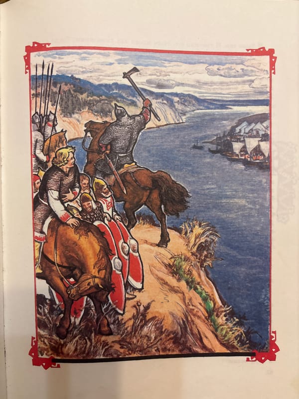 Armored warriors on horseback overlook a riverside settlement in Voronezh
