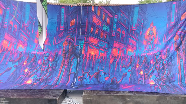 Nha Trang café with jellyfish lights, mushroom sculptures, and neon art