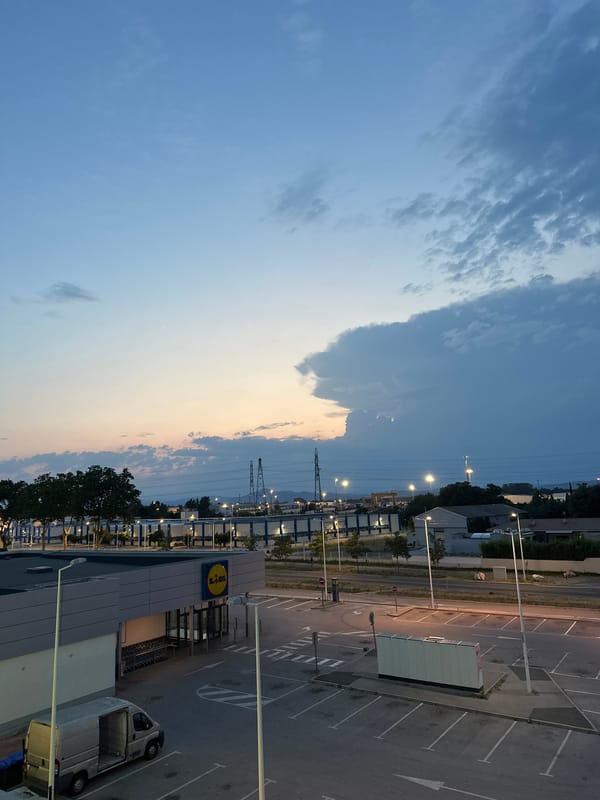 Dusk at a Perpignan Lidl, selfies included