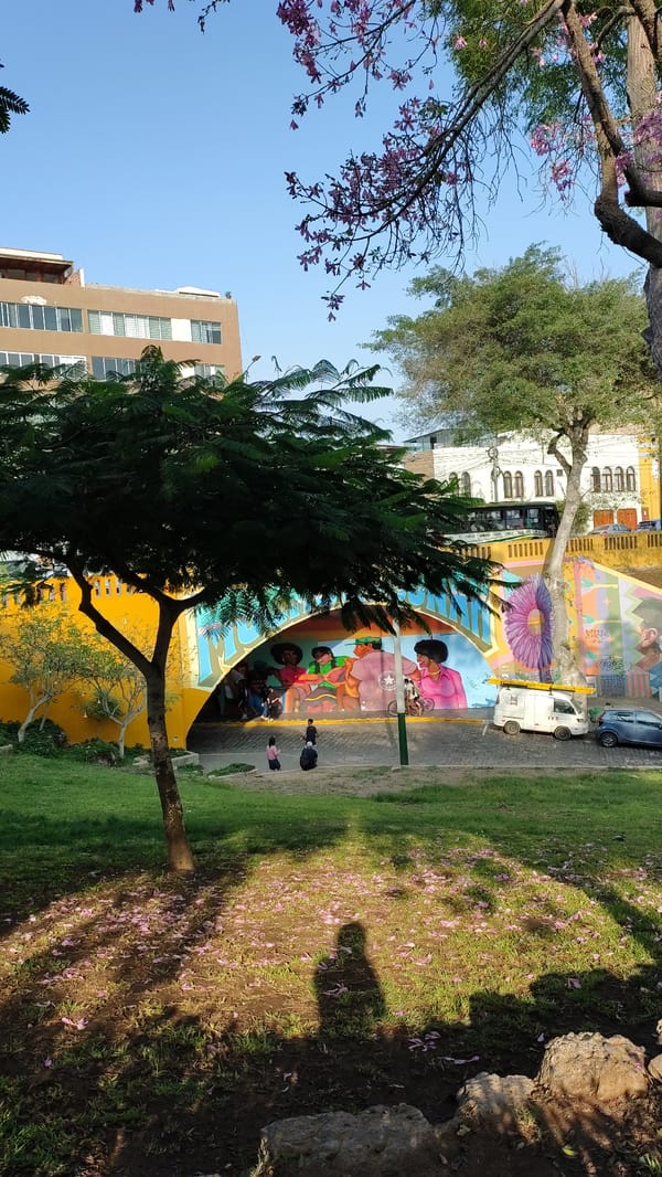 Colorful street mural observed amid blooming trees in Barranco, Peru
