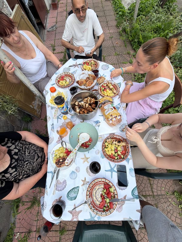 Outdoor lunch gathering of five people in Krumovo, Bulgaria