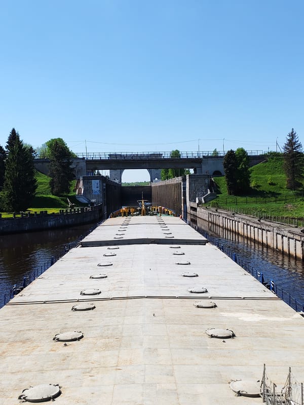 Barge transits Volga-Don Canal lock system in Russia