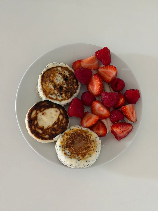 Morning breakfast documented in Tel Aviv features pancakes with berries