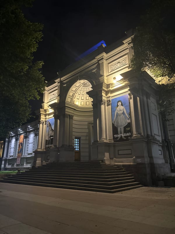 Tbilisi's Art Palace Museum illuminated at night