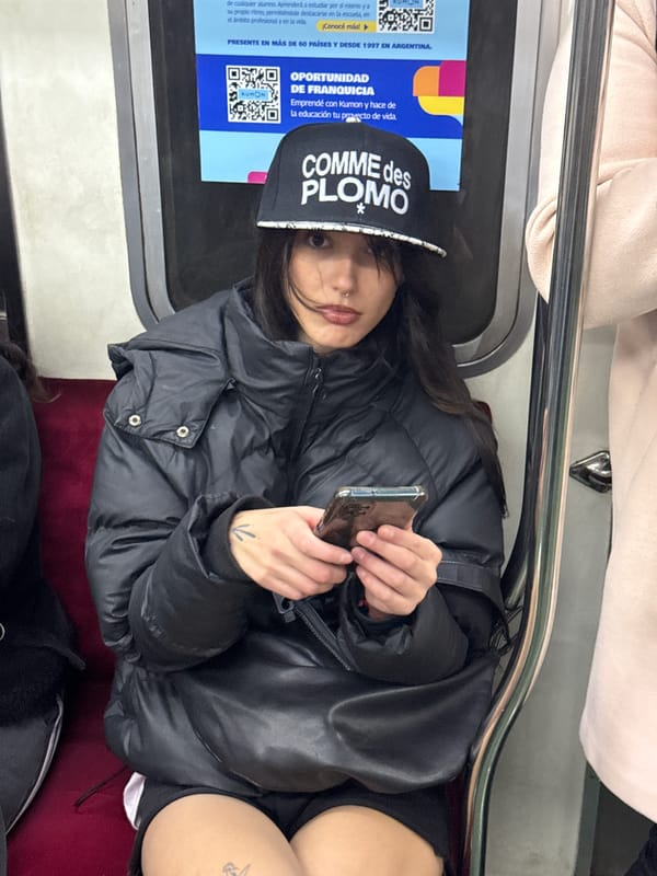 Commuter in puffer jacket rides Buenos Aires subway