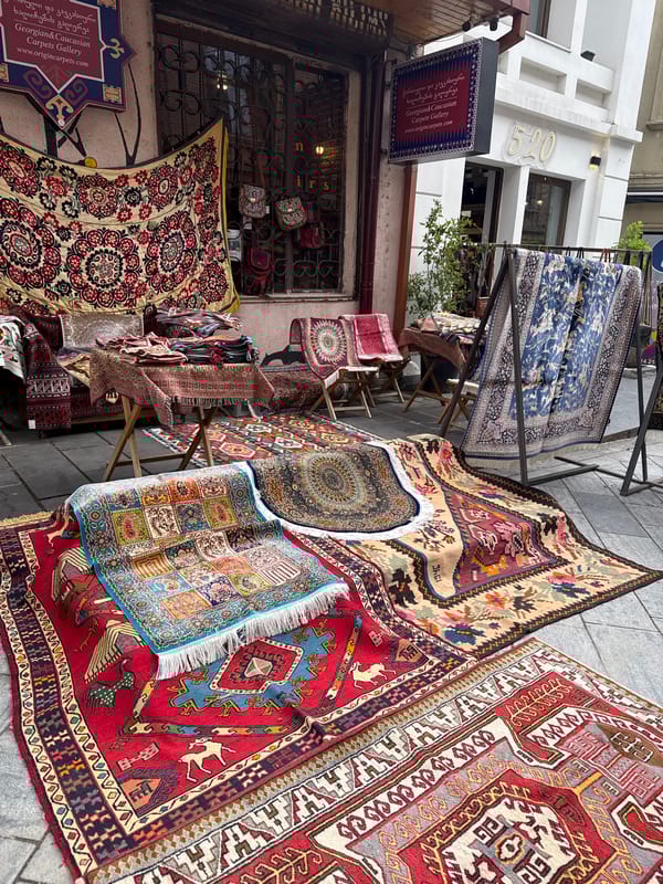 Dog naps on rugs outside Tbilisi carpet shop