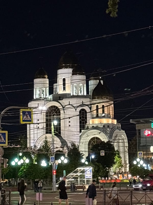 Kaliningrad's illuminated landmarks captured during evening documentation session