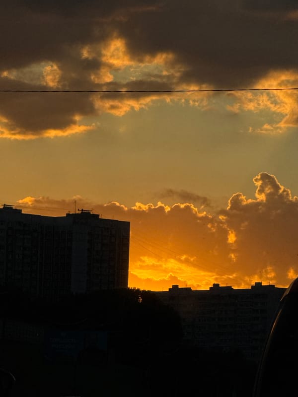 Dramatic sunset illuminates cloudy Moscow sky
