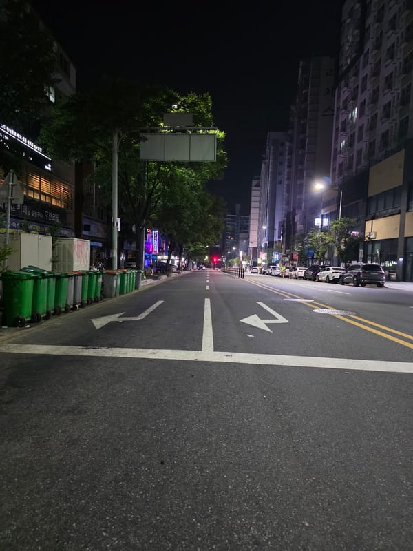 Quiet Daejeon neighborhood at night, local businesses and streets