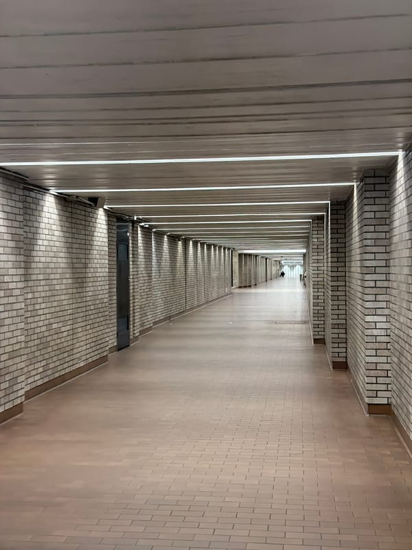 Tiled corridor with receding perspective documented in Montreal