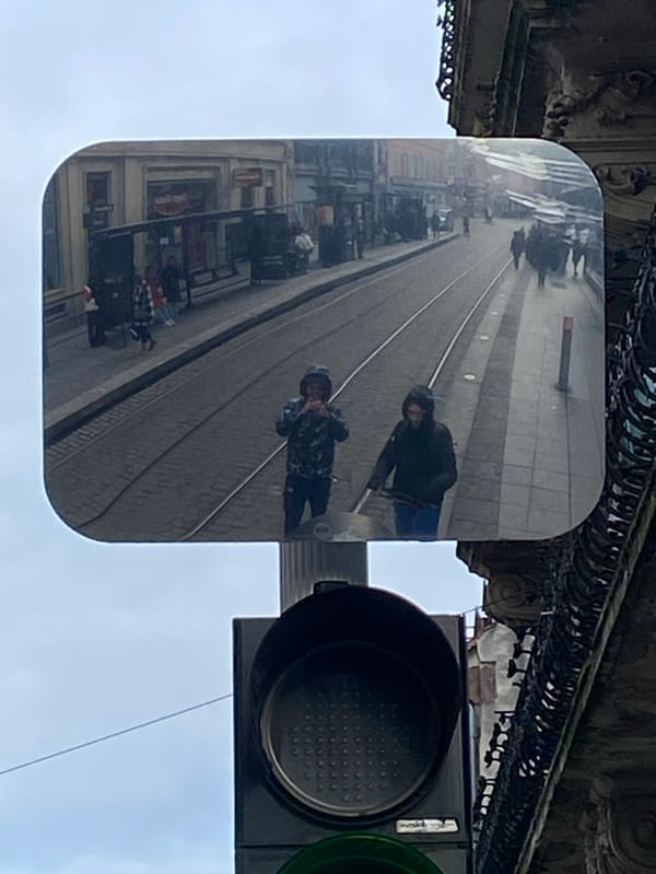 Strasbourg street reflected in convex traffic mirror
