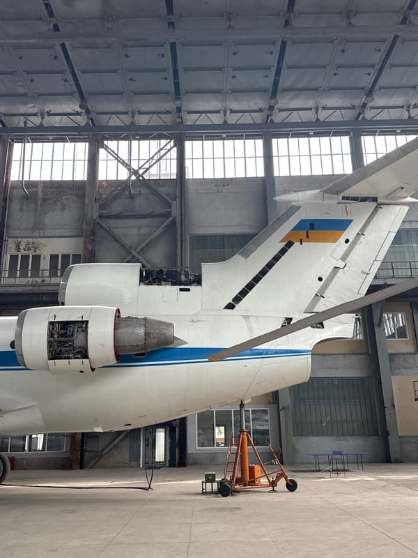 Soviet-era aircraft lineup inside a Kyiv hangar