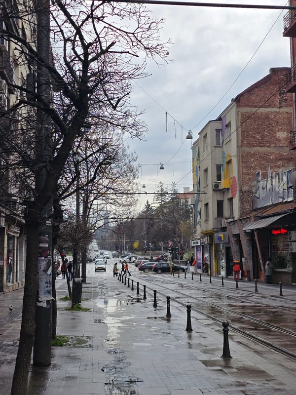 Cloudy, rainy morning documented in Sofia from street and aerial views