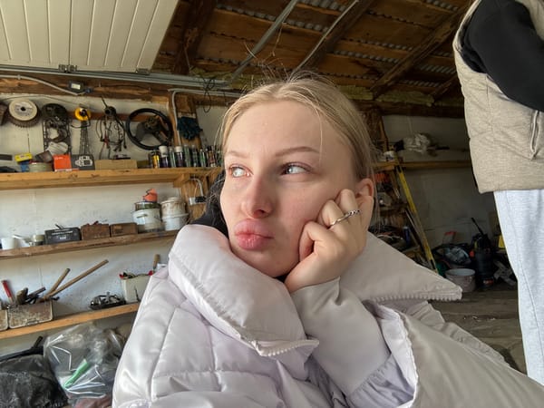 Woman in purple jacket observed in Russian garage workshop
