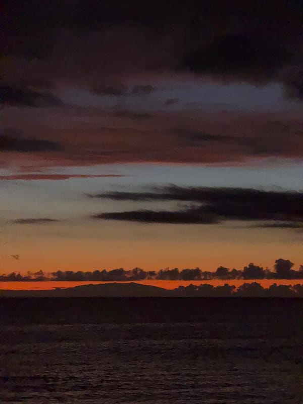 Adeje beachfront after dark, sculptures and shoreline