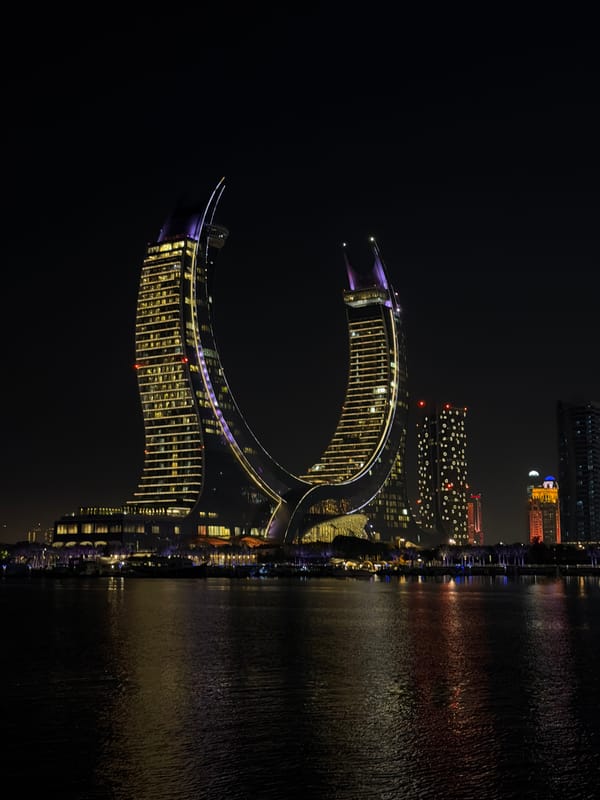 Night out along Lusail's waterfront, Katara Towers lit up