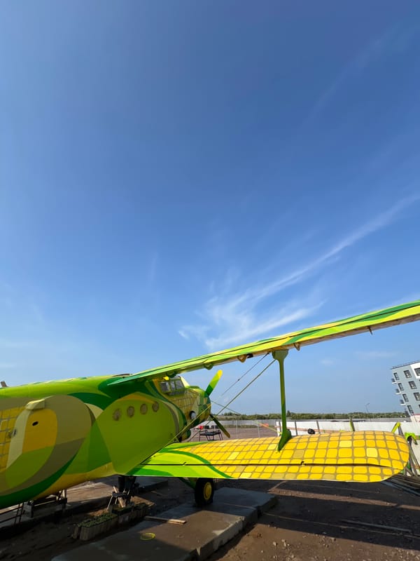 Corn-patterned biplane parked outdoors in Saint Petersburg